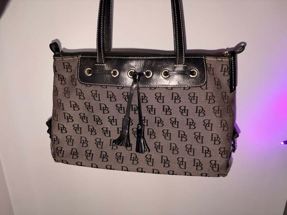 Dooney & Bourke Monogram Signature Tassel Tote Handbag Black Gray